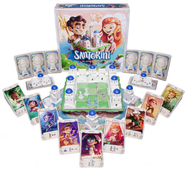 Picture of Santorini, beautiful white buildings, blue domes, and radiant god cards